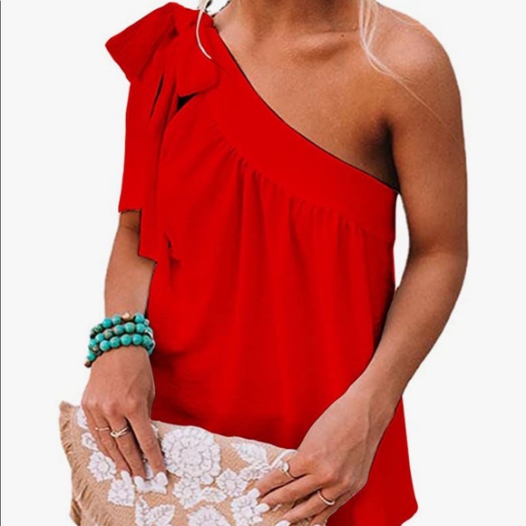 Red tie one shoulder blouse - Picture 3 of 7